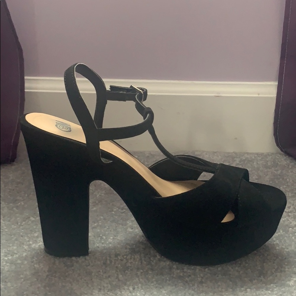Black suede platform heeled sandals